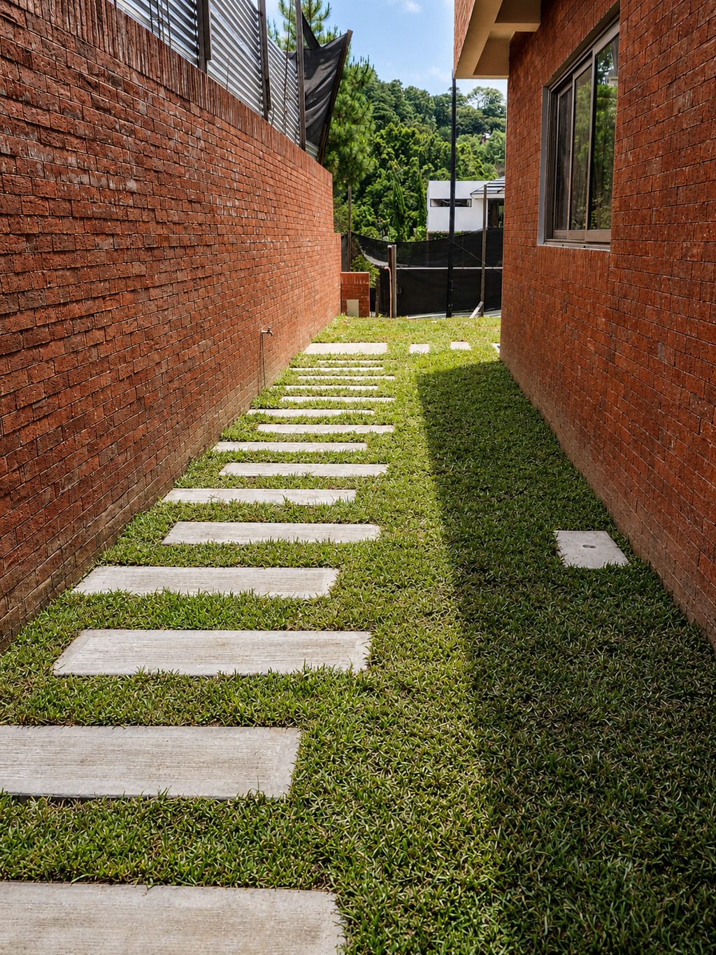 Casa Acacias de Cayalá — pasillo lateral con adoquines