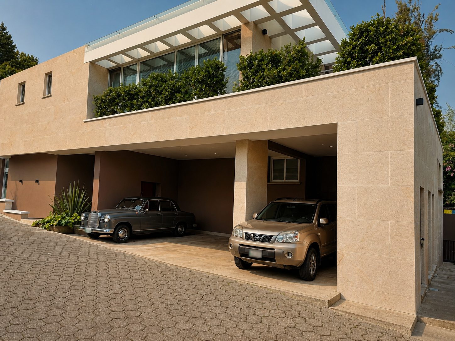 Casa Santa Rosalía — nueva fachada de piedra clara con portón de madera