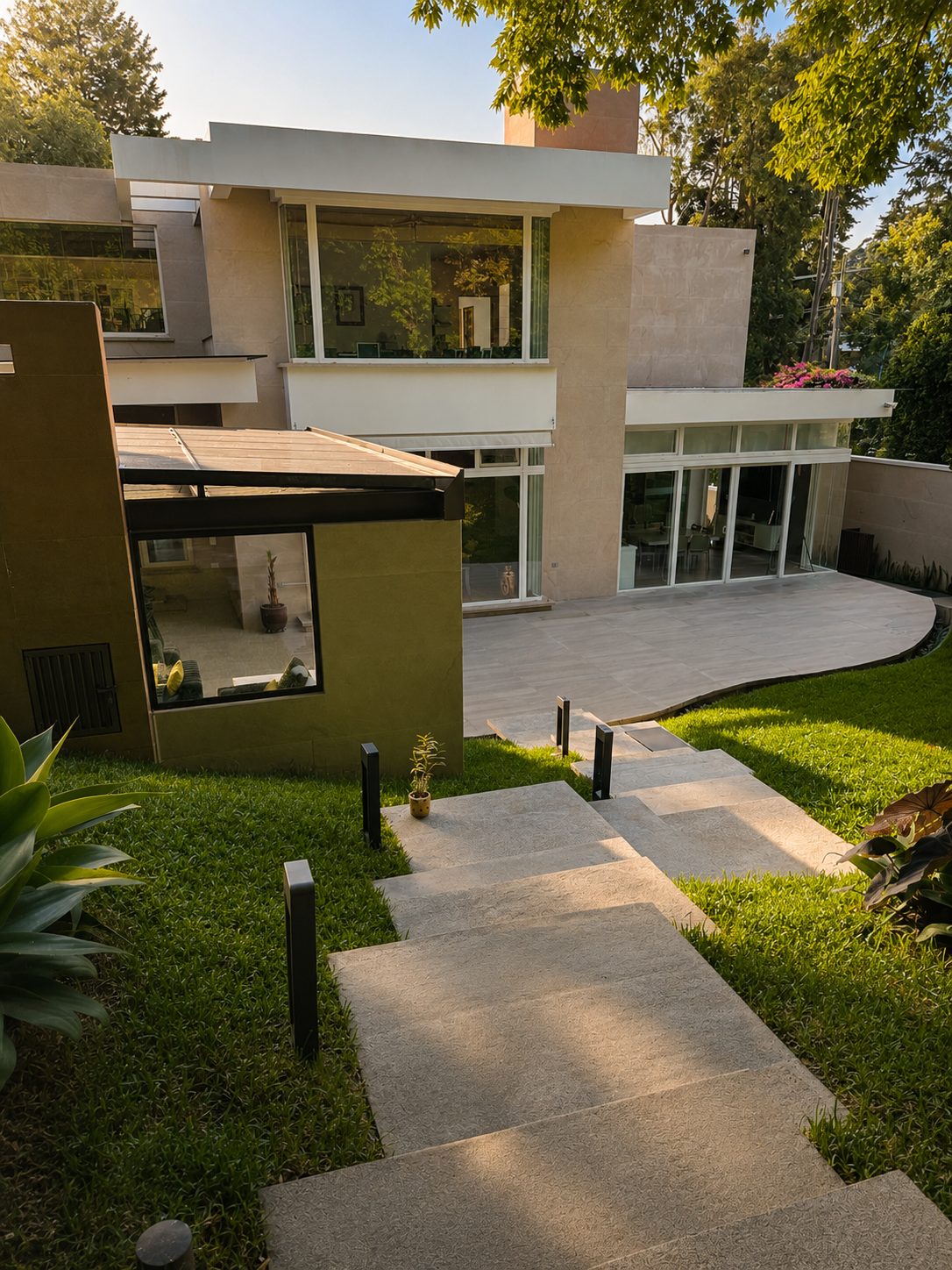 Casa Santa Rosalía — bancas de concreto con azulejo artesanal bajo los árboles